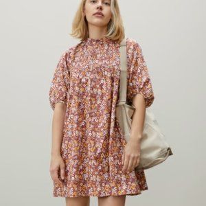 Everlane The Shirred Mini Dress in Brown Floral NWT